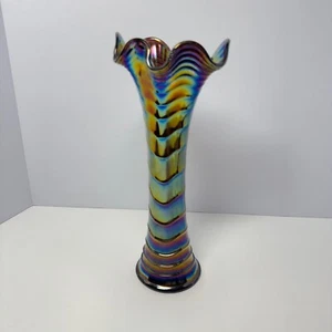 Purple Wide Flare Imperial Carnival Glass Ripple Vase 11.5  Tall  3.25 Base - Picture 1 of 14