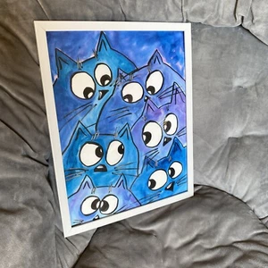 Pintura acuarela sobre papel 11/14, gatos, abstracta, enmarcada - Imagen 1 de 5