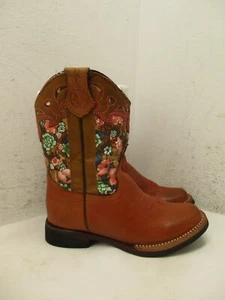 Verthali Kids Youth Size 12 Brown Leather Floral Print Inlay Cowboy Boots - Picture 1 of 14