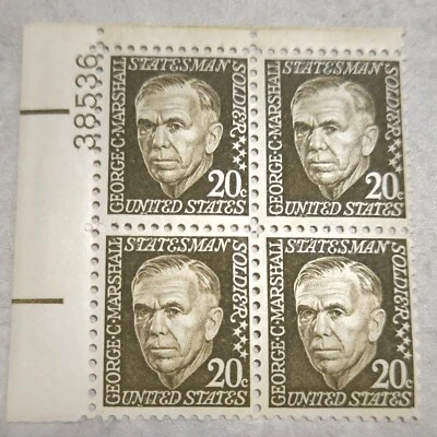 USA VINTAGE 1967 George C. Marshall, PB of Four 20-Cent MINT, MNH Stamps, NICE!  - Image 1 of 2