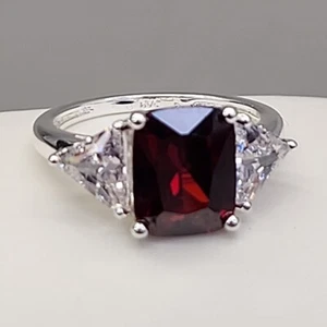 Rhinestone Ring Red Garnet Stone Cubic Zirconia Silver Tone Ss Prong Set Sz 6 - Picture 1 of 11