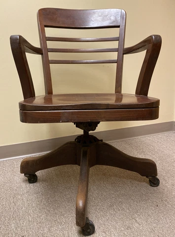 Antique 20s 30s Wood Office Banker's Swivel Industrial Chair Milwaukee Chair Co Cover