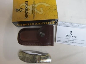 Browning Model 322107 Knife, 107 Full Curl Folding W/Leather Sheath- Stag Handle - Picture 1 of 5