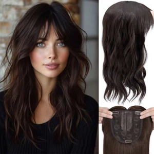 Thick Clip In Toppers Hair Extensions Wavy Hairpiece With Bangs Natural as Human - Picture 1 of 104