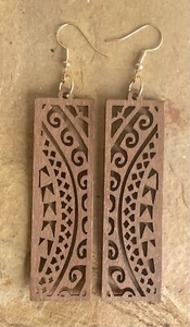 Wood Rectangle Brown Cut Out Dangle Drop Retro Earrings Boho Long Lightweight - Picture 1 of 5