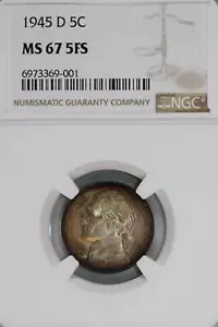 1945 D Jefferson Silver Nickel NGC MS67 5FS Gem Toned *DoubleJCoins* JL1100-203 - Picture 1 of 2