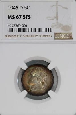 1945 D Jefferson Silver Nickel NGC MS67 5FS Gem Toned *DoubleJCoins* JL1100-203 - Image 1 of 2