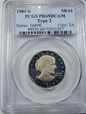 1981 S $1 TYPE 2 PCGS PR69 DCAM PROOF SUSAN B. ANTHONY DOLLAR SBA FLAT S - Image 1 of 4