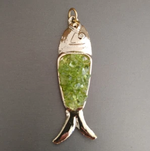 Vintage FISH Pendant Gold Tone Peridot Green Glass Chips Inlay 2.75” w/ bail - Picture 1 of 5
