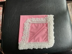 Vintage White Crocheted Edging On Pink Handkerchief 12” - Picture 1 of 2