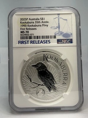 Moneda de plata Cucaburra NGC MS 70 2025 1 OZ .9999 35 aniversario Privy 1990 Foto 1 de 4