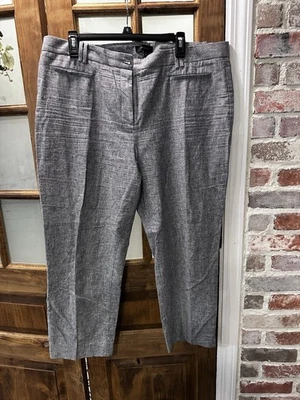 Ann Taylor 裤子 14 灰色棉作物亚麻中腰条纹职业舒适办公室 — 第 1/4 张图片