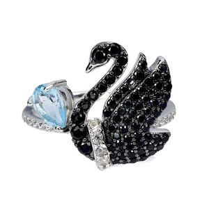 925 Sterling Silver Ring Pear Sky Blue Topaz 7x5mm Black Spinel Gemstone Jewelry - Picture 1 of 13