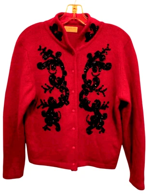 Beaded Vintage SILK  ANGORA Cardigan Sz MP Red Black Sequin Soft Sweater Party - Image 1 of 4