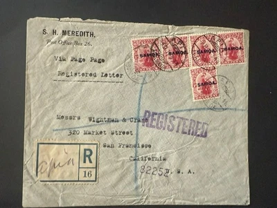 1915 Самоа коммерческий зарегистрированный конверт в США с 5 марками отправлен без цензуры - Изображение 1 из 2
