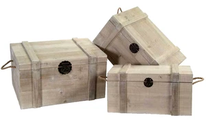 3 BAULI CASSAPANCA FORZIERE BAULE COFANETTO SCATOLA PORTA OGGETTI LEGNO 62/57/52 - Foto 1 di 6