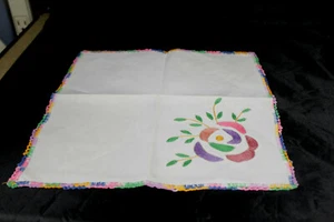 Coloful Vintage Embroidered Crochet Edge Linen 11" Hankie - Picture 1 of 5