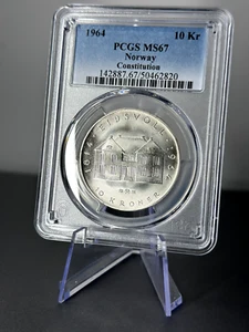 1964 Norway 10 Kroner Silver Coin Constitution PCGS MS67 Top Pop 7/0 - Picture 1 of 2