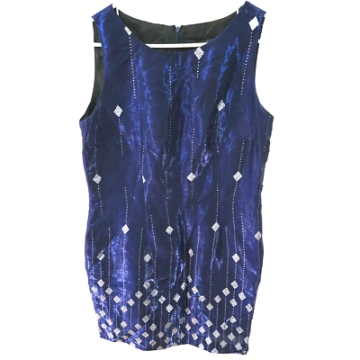 Positive Attitude Sz 12 Blue Linen Sleeveless A Line Beaded Cocktail Dress - Image 1 of 4