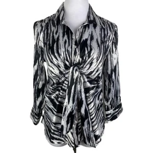 Blue Diamond Abstract Striped Tie Front Button Down Silky Blouse Women's Medium - Picture 1 of 9