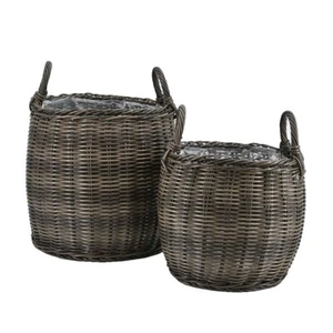 Pflanzkörbe Blumentopf Korb mit Henkel Übertopf 2er Set, Rattan, rund, braun - Bild 1 von 3