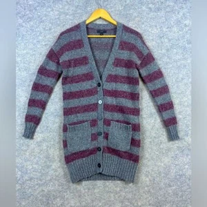 J. Crew Lambswool Blend Cardigan Sweater Women's Size XXS Burgundy Gray Stripe - Picture 1 of 11