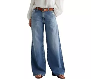 Flamingals Wide Leg Jeans for Women Mid Waist Baggy Stitch Decor Denim Washed XL - Picture 1 of 10