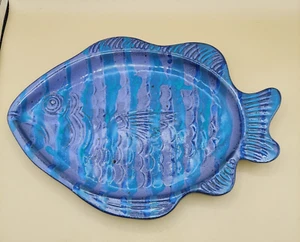 Studio Art Pottery Fish Tray Platter Dish Plate Purple Blue 13" x 10" Signed - Picture 1 of 8