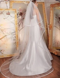 Bridal Veil 2 Tier ribbon satin Edge blusher veil 120'' length ivory - Picture 1 of 5