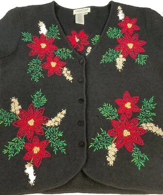 Suéter de Navidad Coldwater Creek Talla Pequeña Lana Poinsettia Bordada Y2K 90s Foto 1 de 4