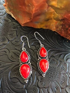 Traditional Rope Design Simulated Coral Two Stone Earrings 2" Artisan Southwest - Picture 1 of 3