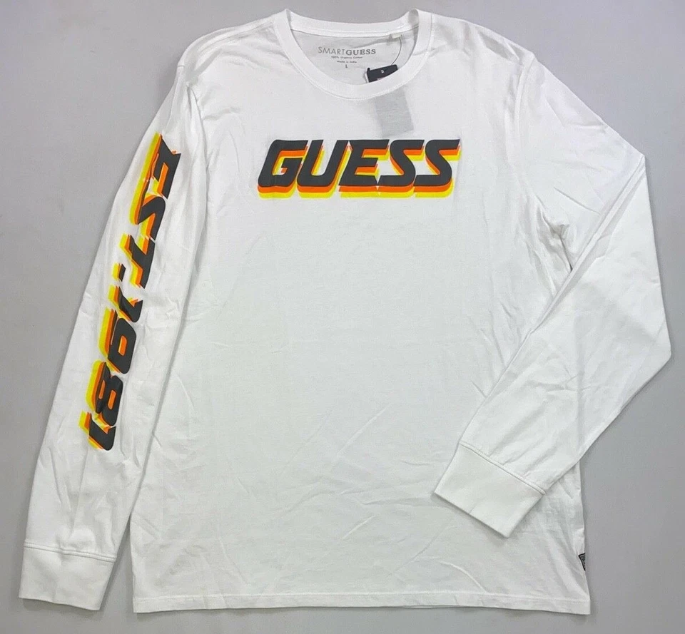 Men's Smart GUESS Riso Logo Organic Cotton Long Sleeve Shirt NEW Size L - Image 1 of 1