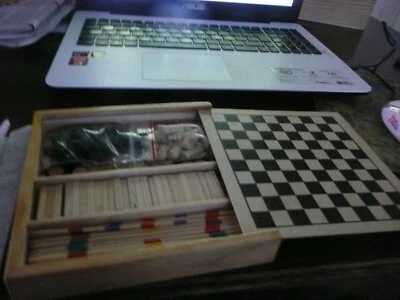 jeu de societé ancien en bois, dame échec domino mikado complet - Photo 1/4