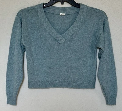 Suéter feminino GARAGE tamanho XS azul-petróleo gola V pulôver malha cropped leve top - Imagem 1 de 4