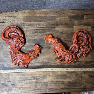 Par de raras plagas de pared de tiza de gallo de lucha naranja de los años 70 Mcm Foto 1 de 4