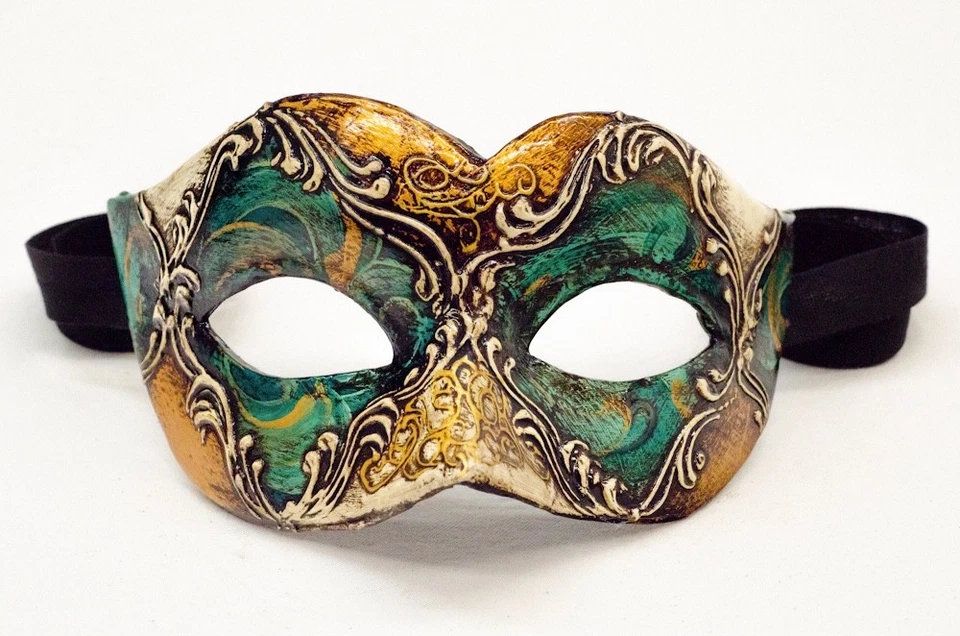 Máscara Veneciana Original Hecha a Mano Genuina Veneciana Oro y Verde Firmada por Artista Foto 1 de 1