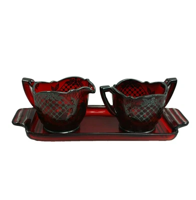 Silver Overlay Ruby Red Glass Creamer Sugar Tray Set - Image 1 of 4