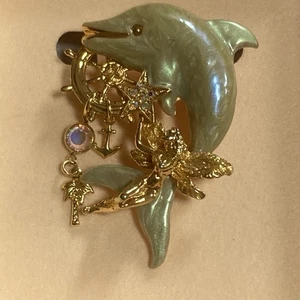 Kirk's Folly Costume Jewelry Dolphin Pin w. Nautical, Faerie Theme: 2.5" x 2.25" - Picture 1 of 10