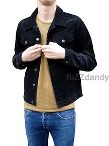 Mens RETRO JACKET Coat Black Corduroy denim short indie mod hippie vtg Cord 60s - Picture 1 of 8