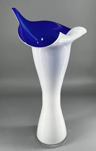 Hand Blown Art Glass Jack In The Pulpit Vase Calla Lily White & Blue Cased MCM - Picture 1 of 15