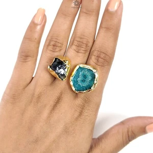 10.28gms SOLAR Agate Druzy Handmade Gold Plated Brass Jewelry Adjustable Ring - Picture 1 of 6