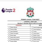 Liverpool U21s v West Ham  U21, 4/11/23, Official  Colour Team Sheet