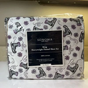 Williams Sonoma Home Sheet Set Pillow Case Ice Skates Christmas Flannel New King - Picture 1 of 5