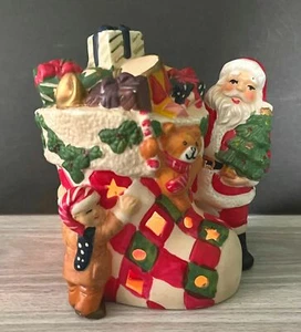 Vintage Santa Claus with Stocking Tea Light Holder Little Boy Reaching for Gifts - Bild 1 von 10