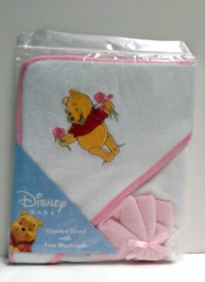 Disney Baby Winnie the Pooh Bath Terry Hooded Towel w/ Washcloth Girls Pink NWT - Image 1 of 4