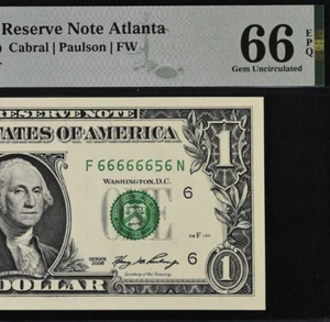 2006 $1 Federal Reserve Note PMG 66EPQ - Near Solid Serial Number 66666656 - Picture 1 of 3