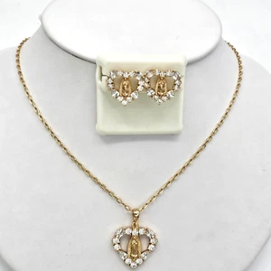 18K Gold Plated Our Lady Virgen Guadalupe Heart Pendant - Chain & Earrings Set. - Picture 1 of 7