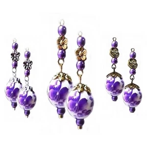 Earrings purple porcelain drop, choose clip on or pierced - Picture 1 of 4