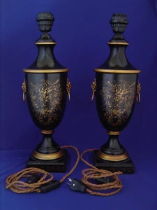 PAIR (2) VINTAGE GILDED BLACK ITALIAN URN FORM TOLEWARE LAMPS w/ LION HEADS - Picture 1 of 20
