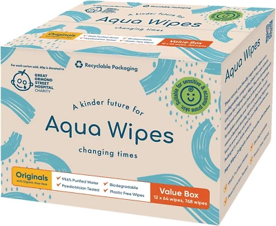 CLINICEPT HEALTHCARE LTD Aqua Wipes Originals Baby Wipes - Vegan Sensitive Biodegradable Wipes